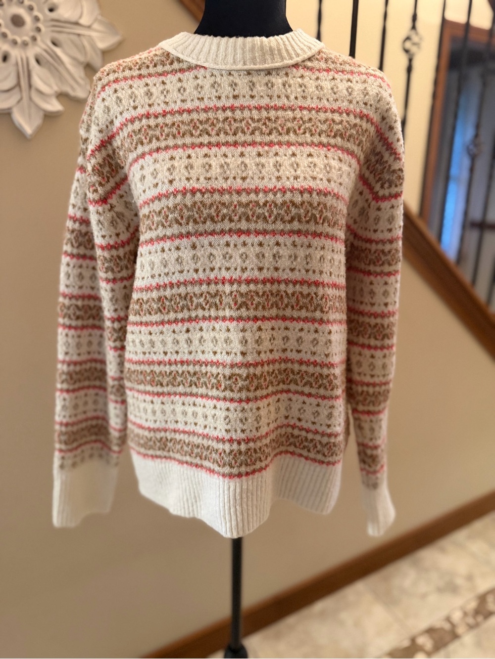 American Eagle XS Oversized Fair Isle Sweater Cream Pink Cozy Knit